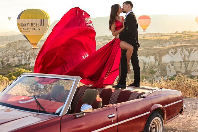 Cappadocia Private Photo Shoot with Flying Dress & Vintage Car - Balloon Take-Off Stop: Tea, Coffee, and Close-Range Photos